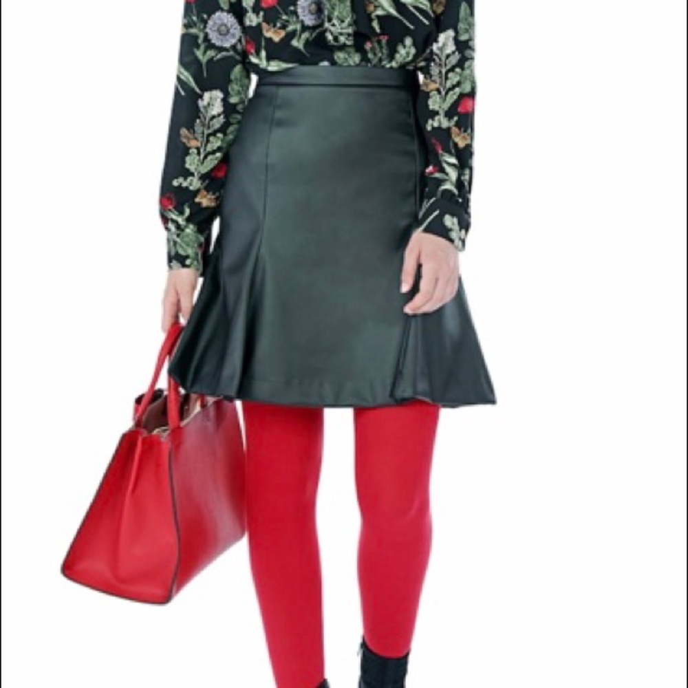 Pink Tartan Black Faux Leather Midi Skirt with Subtle Flare